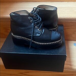 CHANEL Black Leather Lace-Up Platform Boots